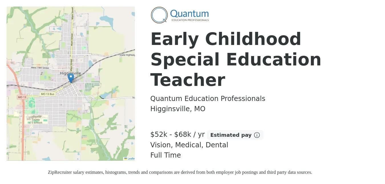 Quantum Education Professionals job posting for a Early Childhood Special Education Teacher in Higginsville, MO with a salary of $52,000 to $68,000 Yearly and benefits including pto, retirement, vision, dental, life_insurance, and medical with a map of Higginsville location.