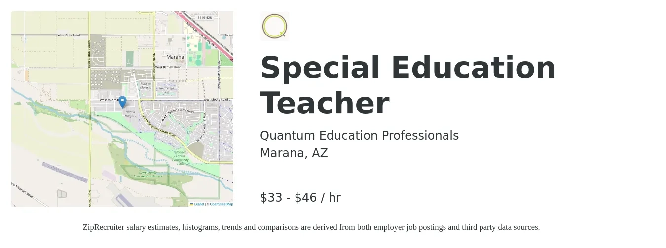 Quantum Education Professionals job posting for a Special Education Teacher in Marana, AZ with a salary of $55,000 to $70,000 Yearly and benefits including dental, life_insurance, medical, pto, retirement, and vision with a map of Marana location.