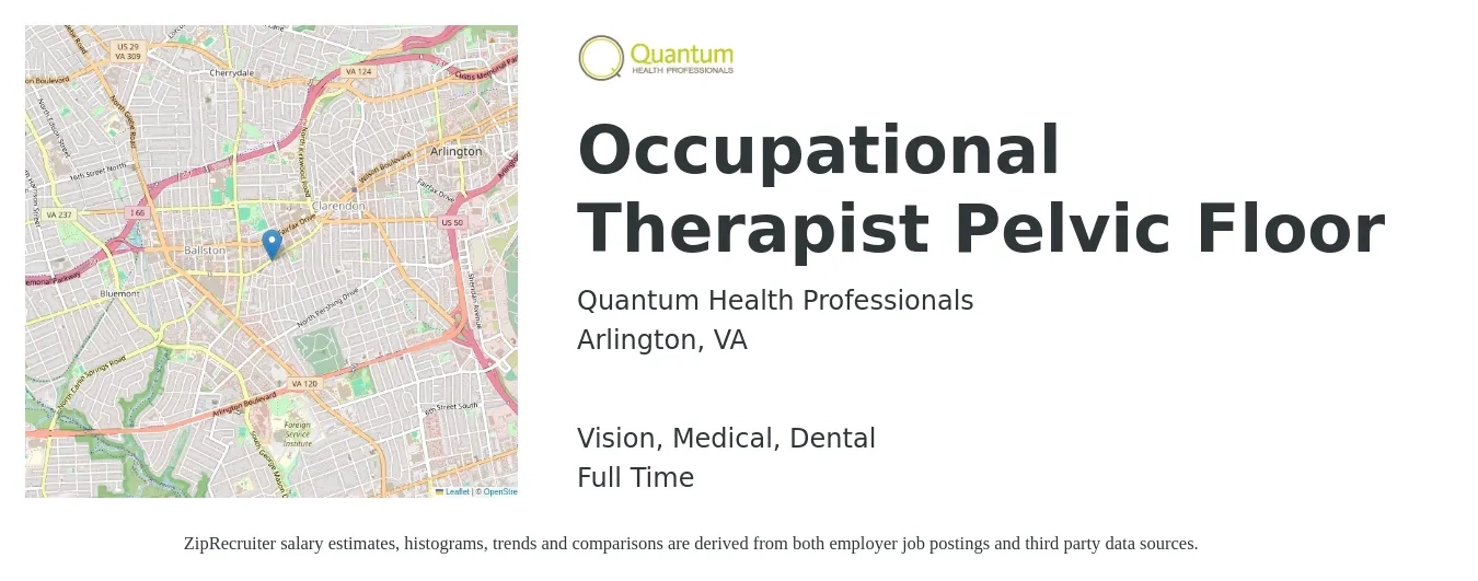 Quantum Health Professionals job posting for a Occupational Therapist Pelvic Floor in Arlington, VA with a salary of $1,800 to $1,900 Weekly and benefits including dental, life_insurance, medical, retirement, and vision with a map of Arlington location.