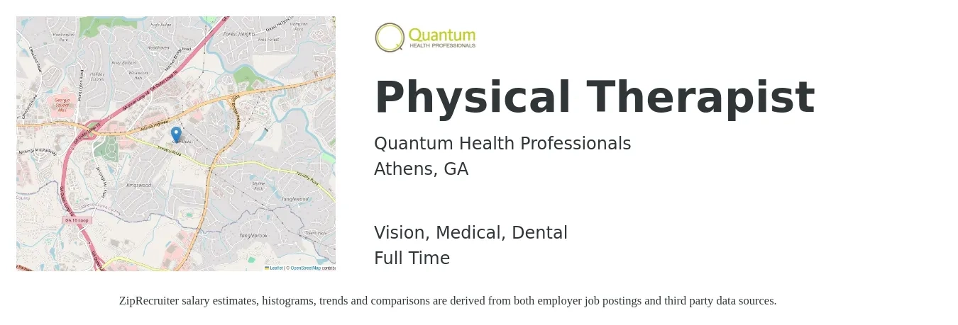 Quantum Health Professionals job posting for a Physical Therapist in Athens, GA with a salary of $1,800 to $2,000 Weekly and benefits including dental, life_insurance, medical, retirement, and vision with a map of Athens location.