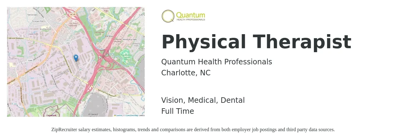 Quantum Health Professionals job posting for a Physical Therapist in Charlotte, NC with a salary of $1,800 to $2,000 Weekly and benefits including life_insurance, medical, retirement, vision, and dental with a map of Charlotte location.