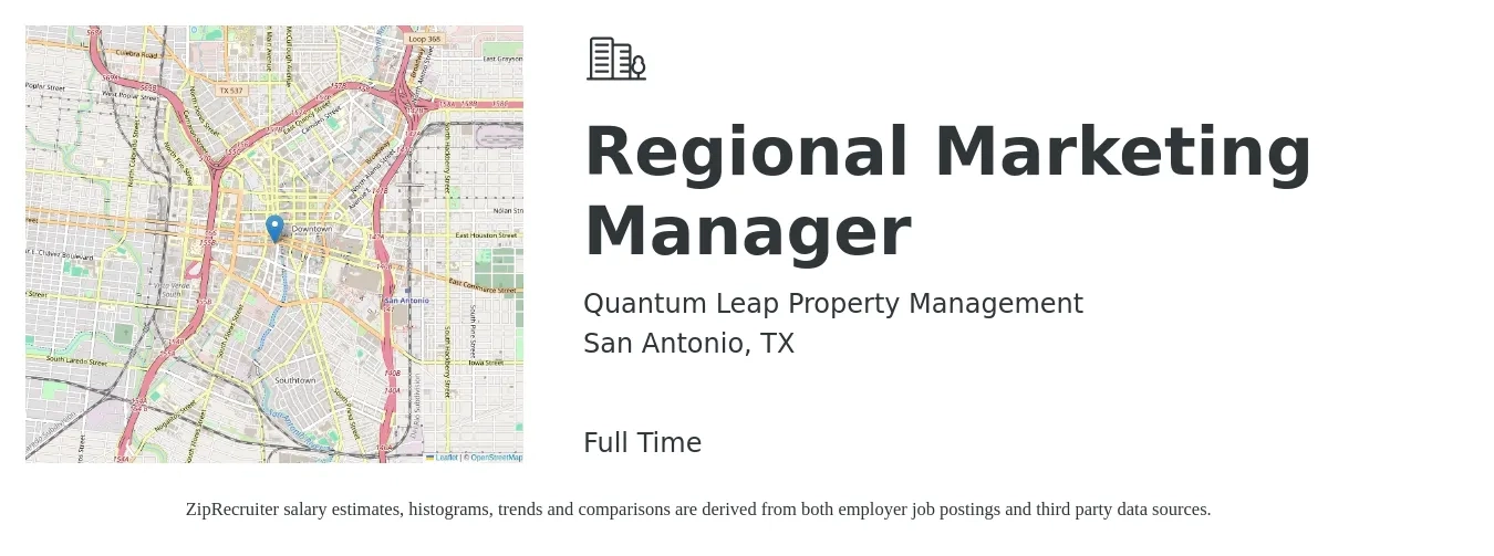 Quantum Leap Property Management job posting for a Regional Marketing Manager in San Antonio, TX with a salary of $95,000 Yearly with a map of San Antonio location.