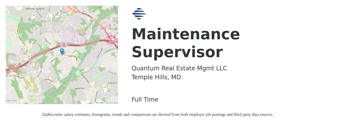 Quantum Real Estate Mgmt LLC job posting for a Maintenance Supervisor in Temple Hills, MD with a salary of $26 to $43 Hourly with a map of Temple Hills location.