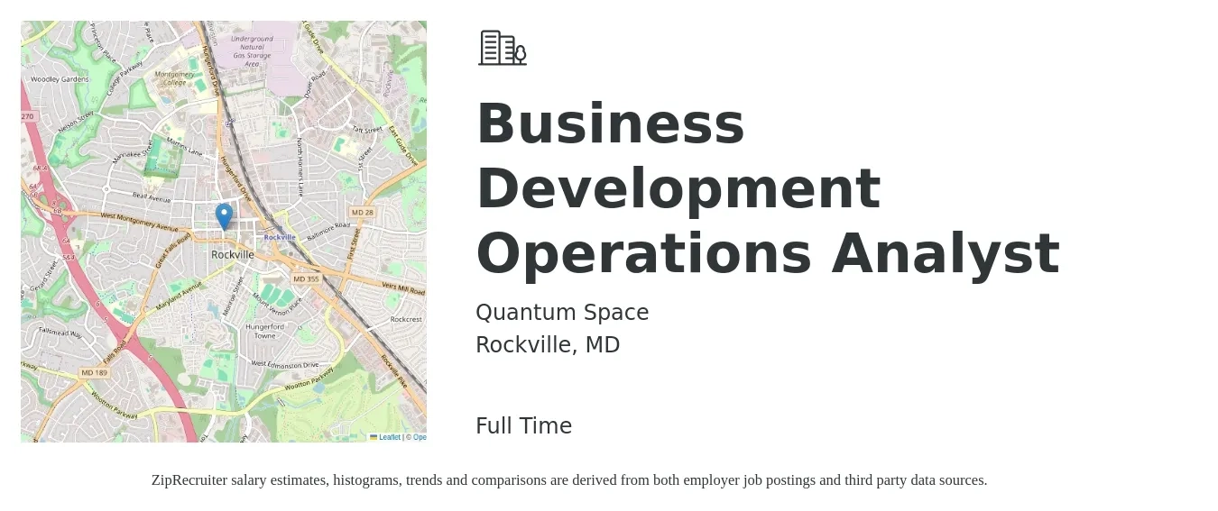 Quantum Space job posting for a Business Development Operations Analyst in Rockville, MD with a salary of $66,300 to $101,400 Yearly with a map of Rockville location.