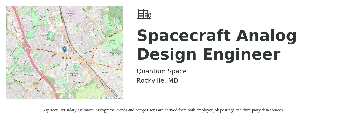 Quantum Space job posting for a Spacecraft Analog Design Engineer in Rockville, MD with a salary of $205,900 Yearly with a map of Rockville location.