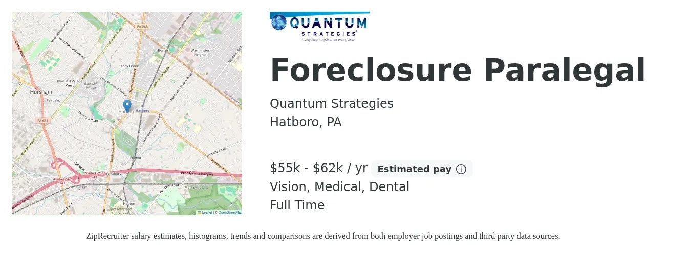 Quantum Strategies job posting for a Foreclosure Paralegal in Hatboro, PA with a salary of $55,000 to $62,000 Yearly and benefits including life_insurance, medical, retirement, vision, and dental with a map of Hatboro location.