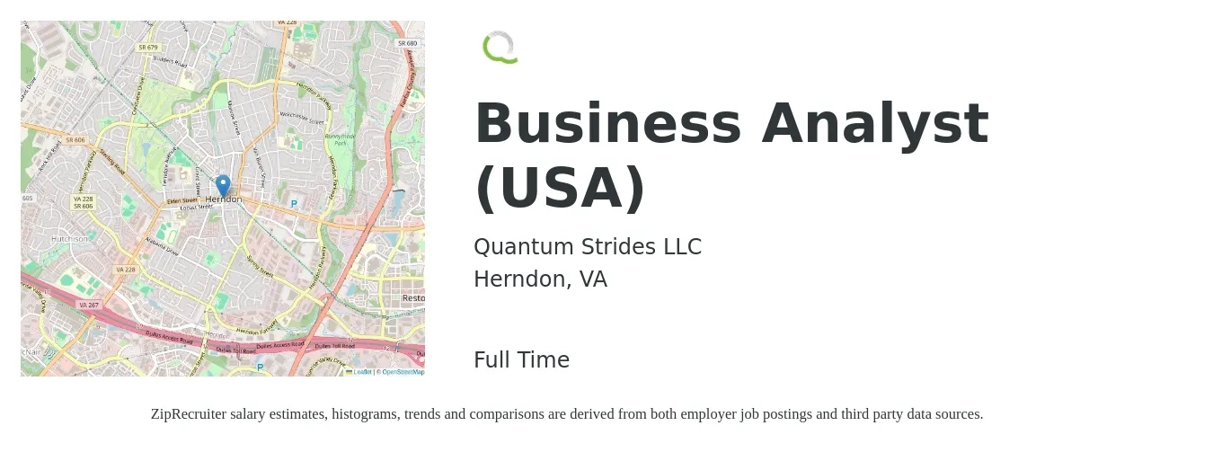 Quantum Strides LLC job posting for a Business Analyst (USA) in Herndon, VA with a salary of $38 to $64 Hourly with a map of Herndon location.