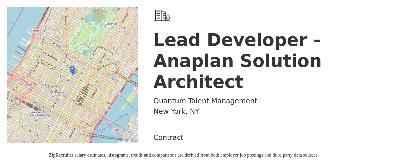 Quantum Talent Management job posting for a Lead Developer - Anaplan Solution Architect in New York, NY with a salary of $136,800 to $187,600 Yearly with a map of New York location.