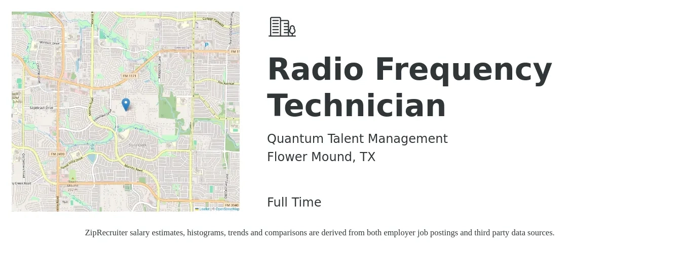 Quantum Talent Management job posting for a Radio Frequency Technician in Flower Mound, TX with a salary of $20 to $30 Hourly with a map of Flower Mound location.