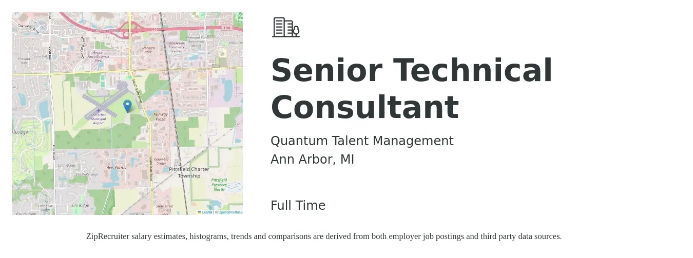 Quantum Talent Management job posting for a Senior Technical Consultant in Ann Arbor, MI with a salary of $85,600 to $135,000 Yearly with a map of Ann Arbor location.