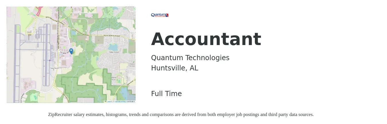 Quantum Technologies job posting for a Accountant in Huntsville, AL with a salary of $49,800 to $73,100 Yearly with a map of Huntsville location.