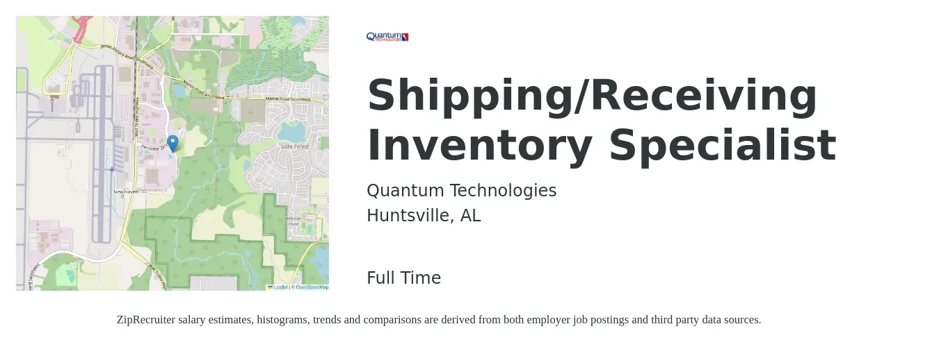 Quantum Technologies job posting for a Shipping/Receiving Inventory Specialist in Huntsville, AL with a salary of $16 to $19 Hourly with a map of Huntsville location.