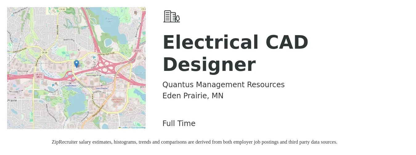 Quantus Management Resources job posting for a Electrical CAD Designer in Eden Prairie, MN with a salary of $34 to $51 Hourly with a map of Eden Prairie location.
