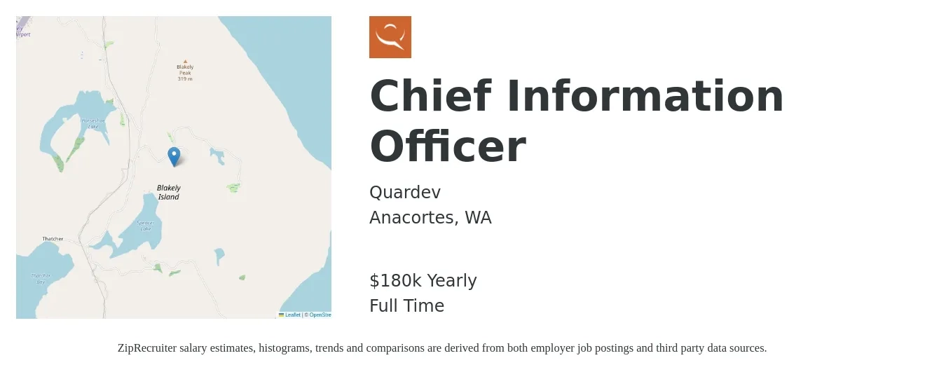 Quardev job posting for a Chief Information Officer in Anacortes, WA with a salary of $180,000 Yearly with a map of Anacortes location.