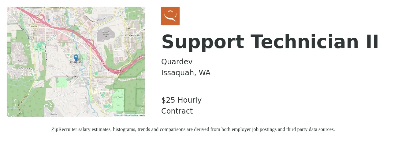 Quardev job posting for a Support Technician II in Issaquah, WA with a salary of $26 Hourly with a map of Issaquah location.
