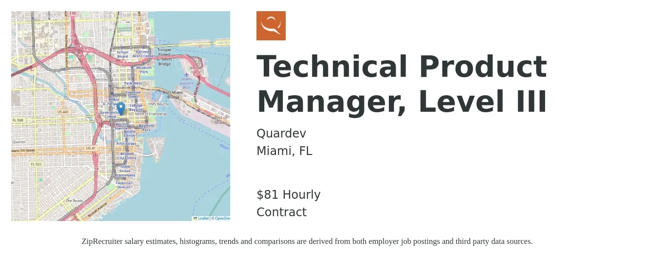 Quardev job posting for a Technical Product Manager, Level III in Miami, FL with a salary of $85 Hourly with a map of Miami location.