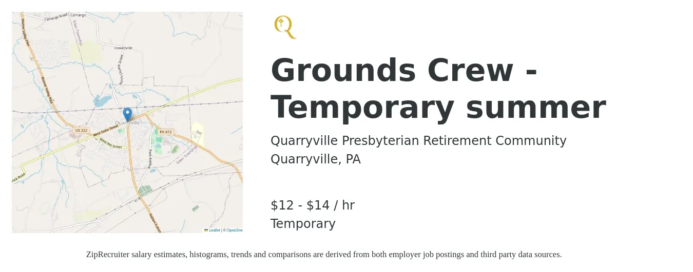 Quarryville Presbyterian Retirement Community job posting for a Grounds Crew - Temporary summer in Quarryville, PA with a salary of $12 to $15 Hourly with a map of Quarryville location.