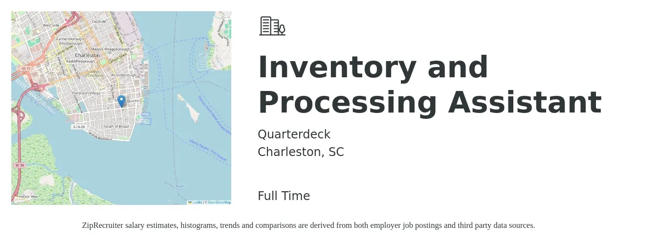 Quarterdeck job posting for a Inventory and Processing Assistant in Charleston, SC with a salary of $16 to $19 Hourly with a map of Charleston location.