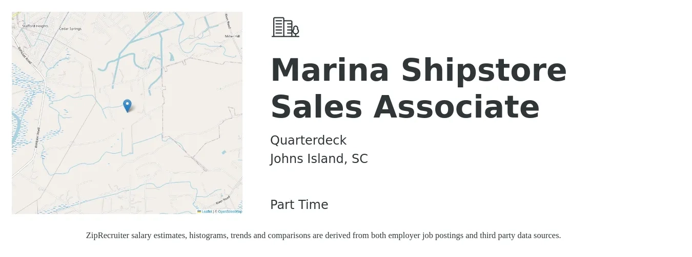 Quarterdeck job posting for a Marina Shipstore Sales Associate in Johns Island, SC with a salary of $16 to $20 Hourly with a map of Johns Island location.