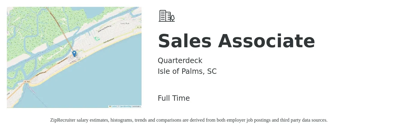 Quarterdeck job posting for a Sales Associate in Isle of Palms, SC with a salary of $14 to $18 Hourly with a map of Isle of Palms location.