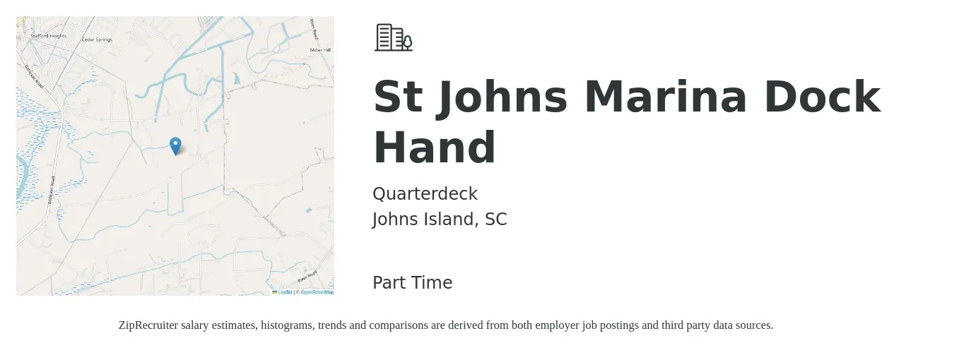 Quarterdeck job posting for a St Johns Marina Dock Hand in Johns Island, SC with a salary of $12 to $15 Hourly with a map of Johns Island location.