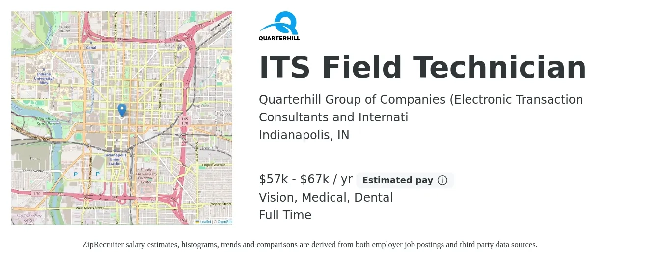 Quarterhill Group of Companies (Electronic Transaction Consultants and Internati job posting for a ITS Field Technician in Indianapolis, IN with a salary of $57,000 to $67,000 Yearly and benefits including medical, retirement, vision, dental, and life_insurance with a map of Indianapolis location.