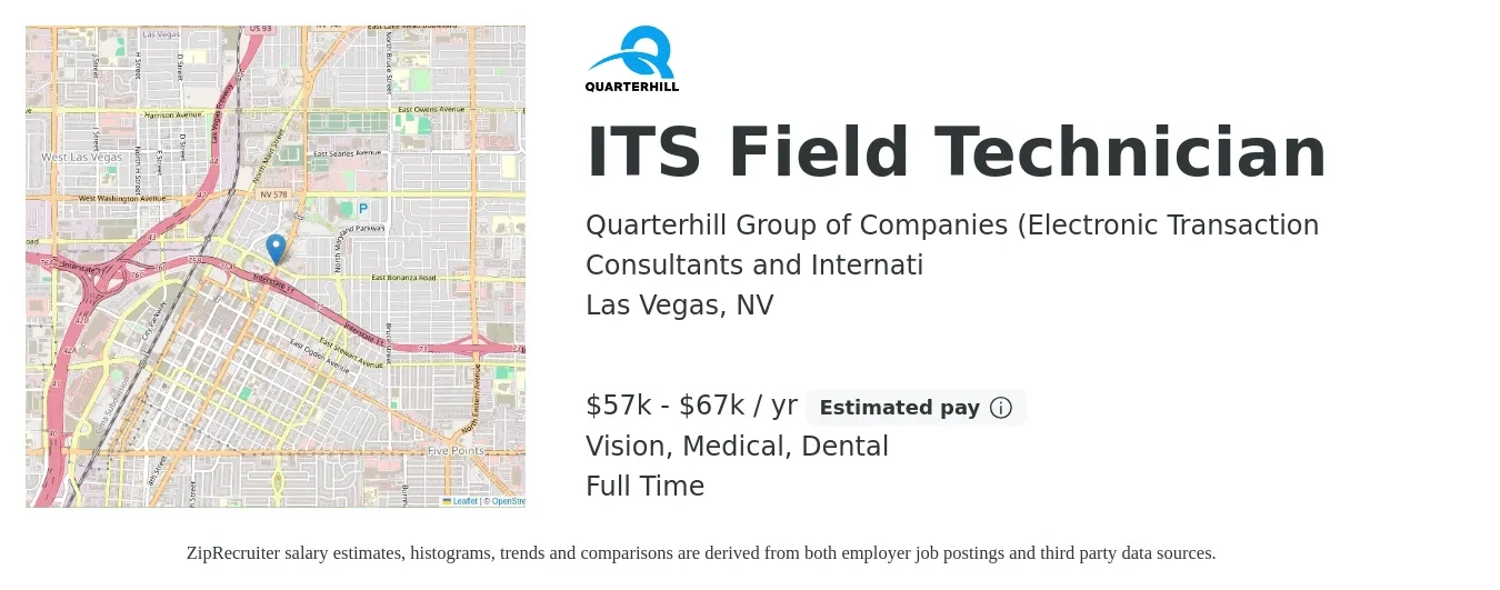 Quarterhill Group of Companies (Electronic Transaction Consultants and Internati job posting for a ITS Field Technician in Las Vegas, NV with a salary of $57,000 to $67,000 Yearly and benefits including retirement, vision, dental, life_insurance, and medical with a map of Las Vegas location.