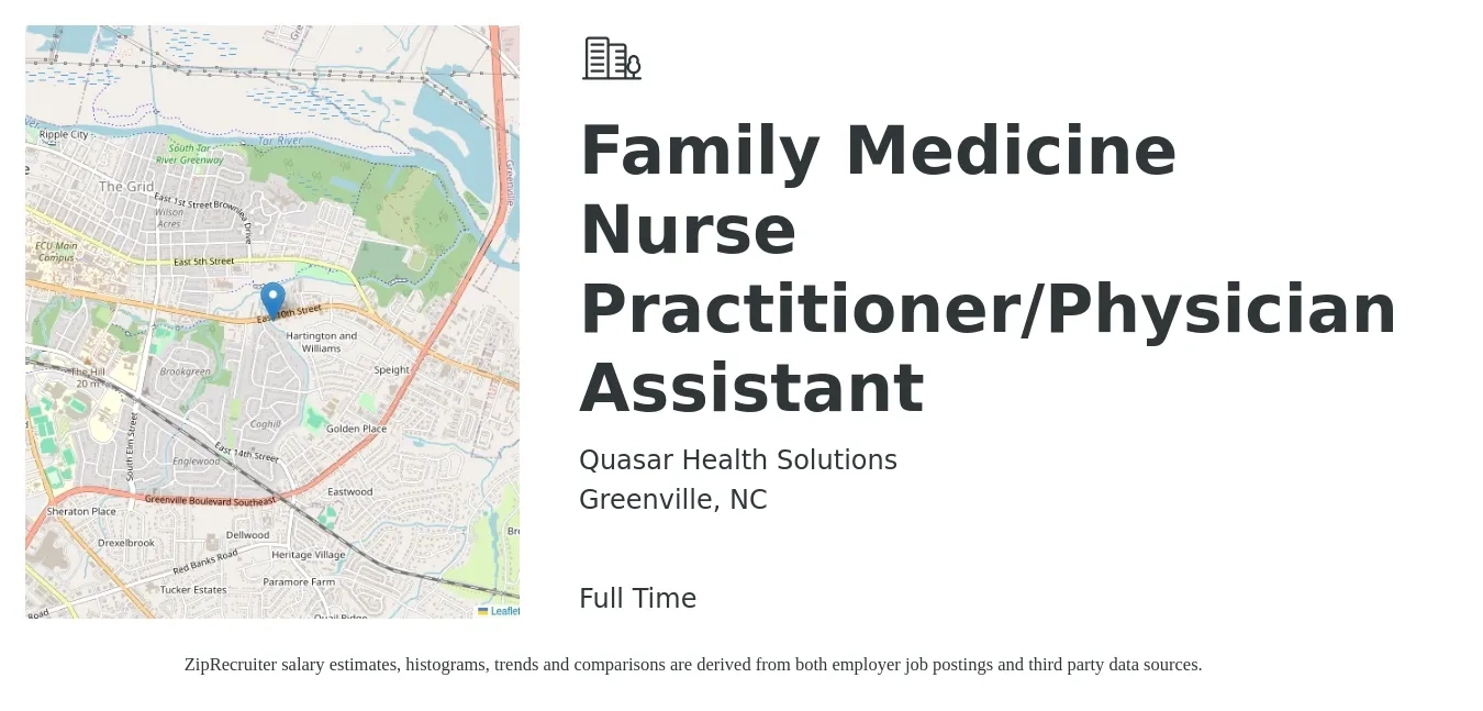 Quasar Health Solutions job posting for a Family Medicine Nurse Practitioner/Physician Assistant in Greenville, NC with a salary of $97,500 to $126,100 Yearly with a map of Greenville location.