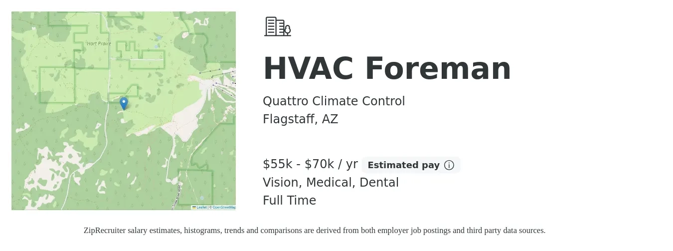 Quattro Climate Control job posting for a HVAC Foreman in Flagstaff, AZ with a salary of $55,000 to $70,000 Yearly and benefits including life_insurance, medical, pto, retirement, vision, and dental with a map of Flagstaff location.