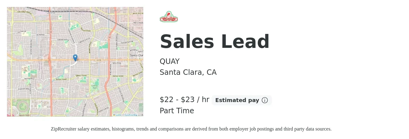 QUAY job posting for a Sales Lead in Santa Clara, CA with a salary of $23 to $25 Hourly with a map of Santa Clara location.