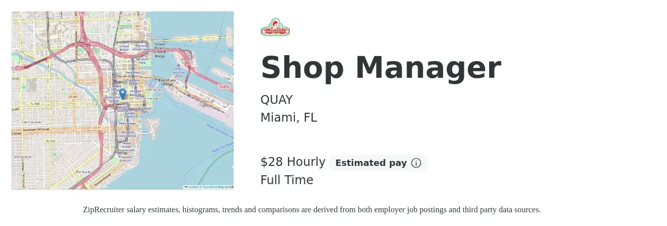 QUAY job posting for a Shop Manager in Miami, FL with a salary of $30 Hourly with a map of Miami location.