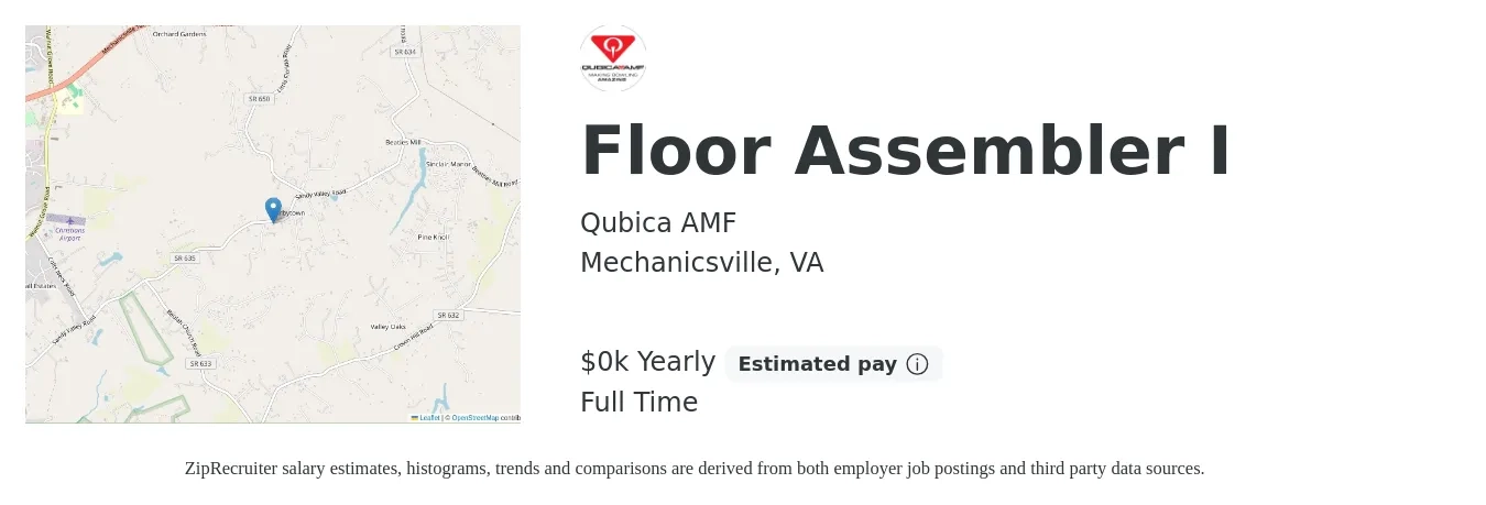 Qubica AMF job posting for a Floor Assembler I in Mechanicsville, VA with a salary of $18 Hourly with a map of Mechanicsville location.