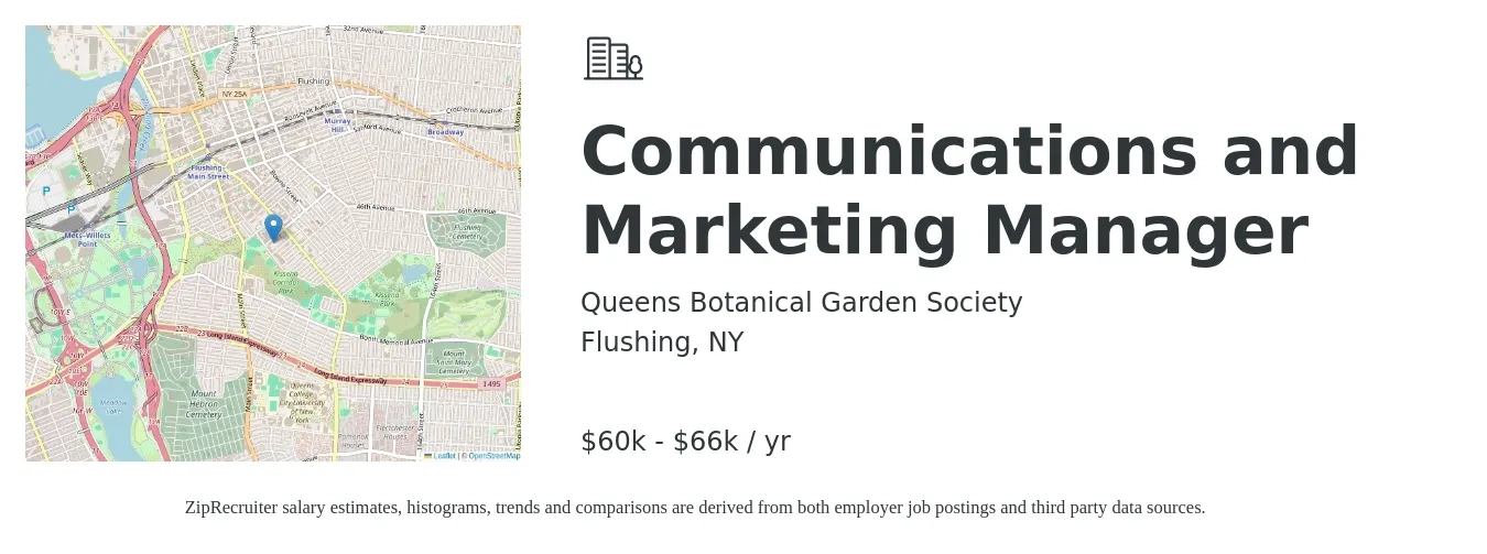 Queens Botanical Garden Society job posting for a Communications and Marketing Manager in Flushing, NY with a salary of $60,000 to $66,000 Yearly with a map of Flushing location.