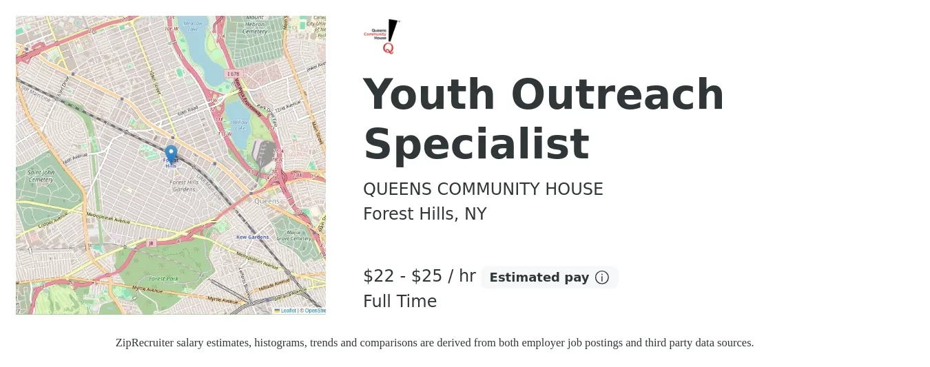 QUEENS COMMUNITY HOUSE job posting for a Youth Outreach Specialist in Forest Hills, NY with a salary of $24 to $27 Hourly with a map of Forest Hills location.