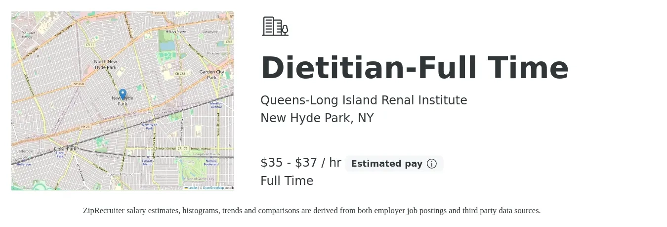Queens-Long Island Renal Institute job posting for a Dietitian-Full Time in New Hyde Park, NY with a salary of $37 to $39 Hourly with a map of New Hyde Park location.