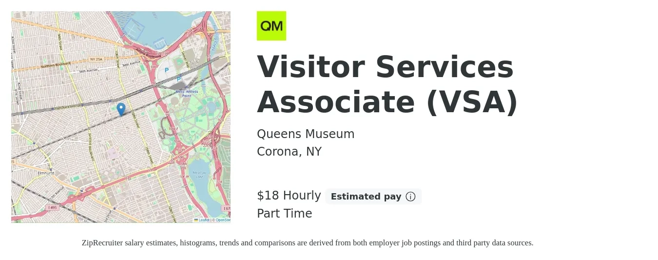 Queens Museum job posting for a Visitor Services Associate (VSA) in Corona, NY with a salary of $19 Hourly with a map of Corona location.