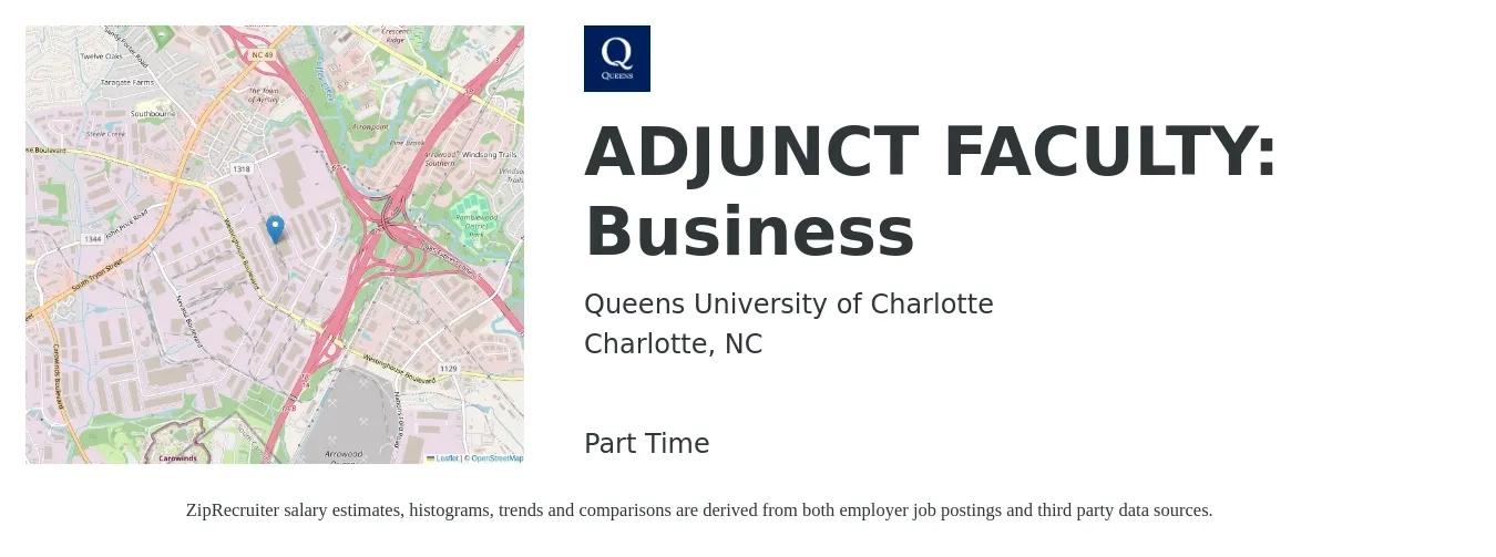 Queens University of Charlotte job posting for a ADJUNCT FACULTY: Business in Charlotte, NC with a salary of $34 to $64 Hourly with a map of Charlotte location.