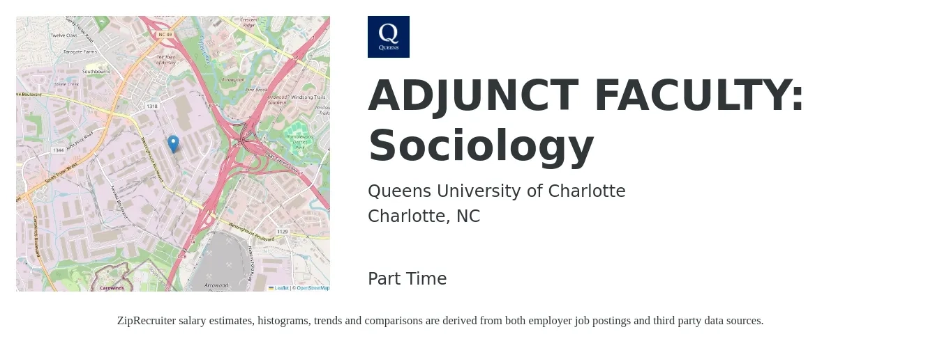 Queens University of Charlotte job posting for a ADJUNCT FACULTY: Sociology in Charlotte, NC with a salary of $34 to $64 Hourly with a map of Charlotte location.