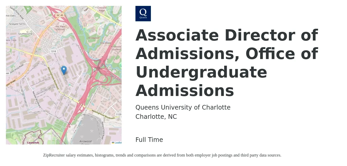 Queens University of Charlotte job posting for a Associate Director of Admissions, Office of Undergraduate Admissions in Charlotte, NC with a salary of $45,300 to $67,900 Yearly with a map of Charlotte location.