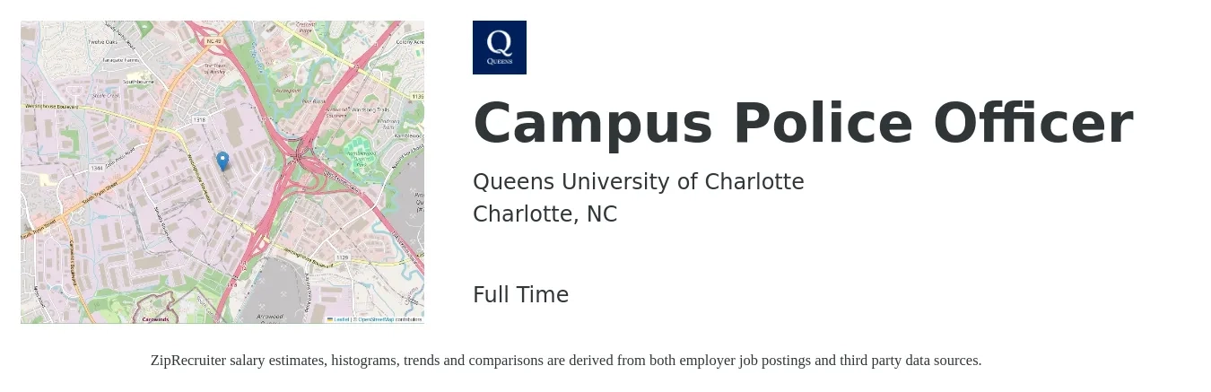 Queens University of Charlotte job posting for a Campus Police Officer in Charlotte, NC with a salary of $37,500 to $54,100 Yearly with a map of Charlotte location.