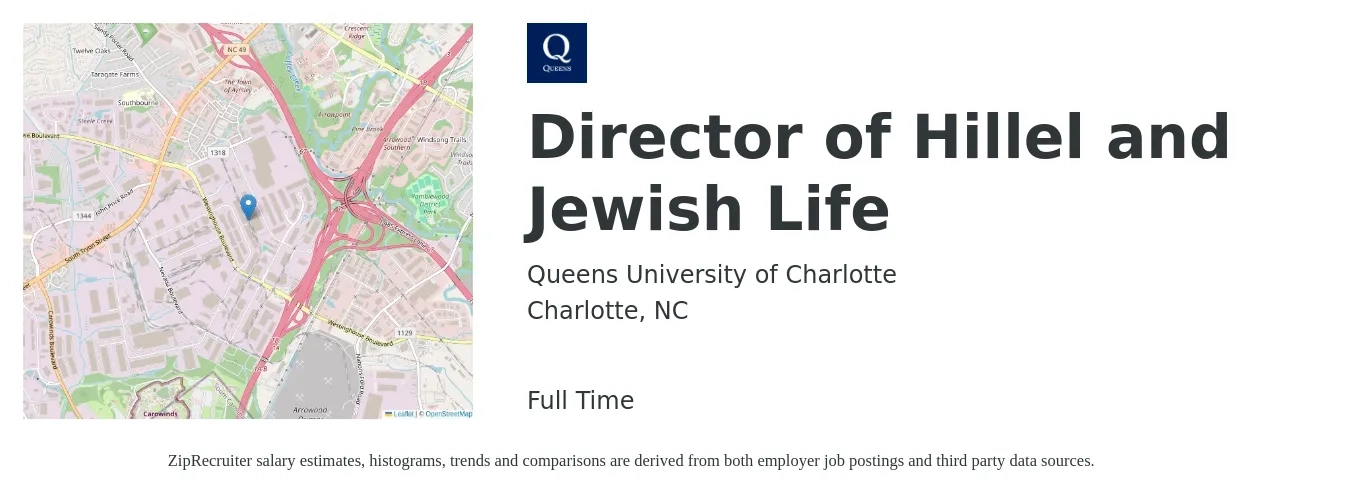 Queens University of Charlotte job posting for a Director of Hillel and Jewish Life in Charlotte, NC with a salary of $46,600 to $127,300 Yearly with a map of Charlotte location.
