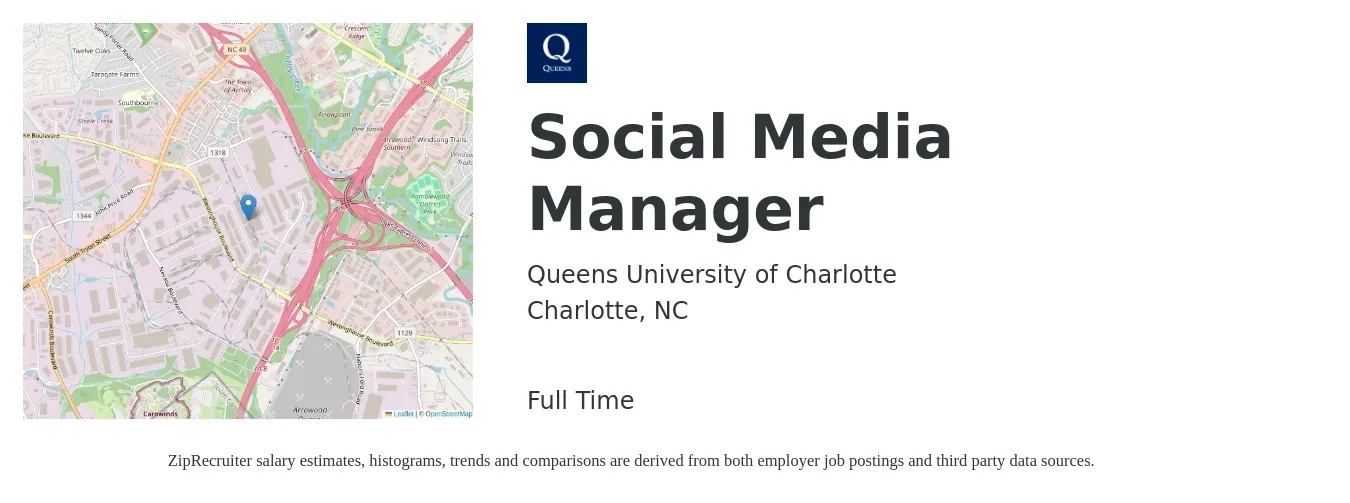 Queens University of Charlotte job posting for a Social Media Manager in Charlotte, NC with a salary of $43,000 to $69,300 Yearly with a map of Charlotte location.