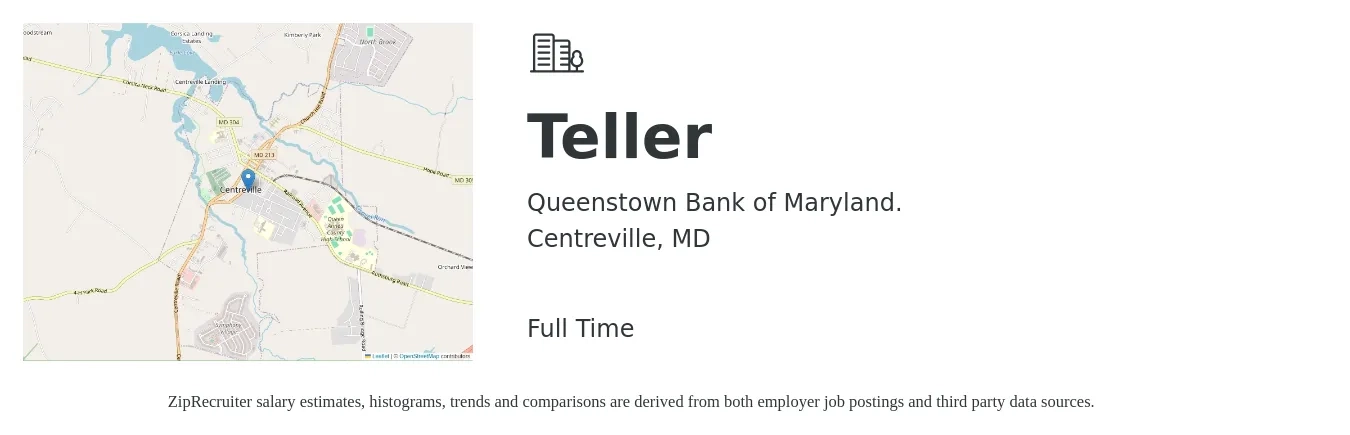 Queenstown Bank of Maryland. job posting for a Teller in Centreville, MD with a salary of $16 to $20 Hourly with a map of Centreville location.