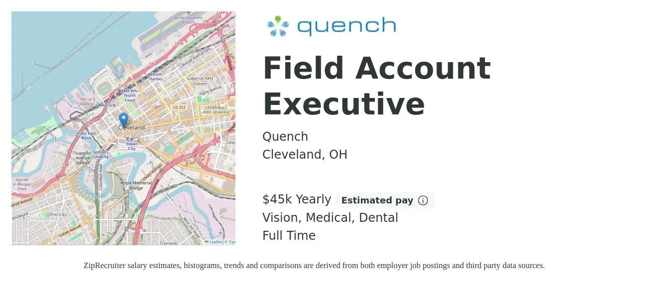 Quench job posting for a Field Account Executive in Cleveland, OH with a salary of $45,000 Yearly (plus commission) and benefits including medical, retirement, vision, dental, and life_insurance with a map of Cleveland location.