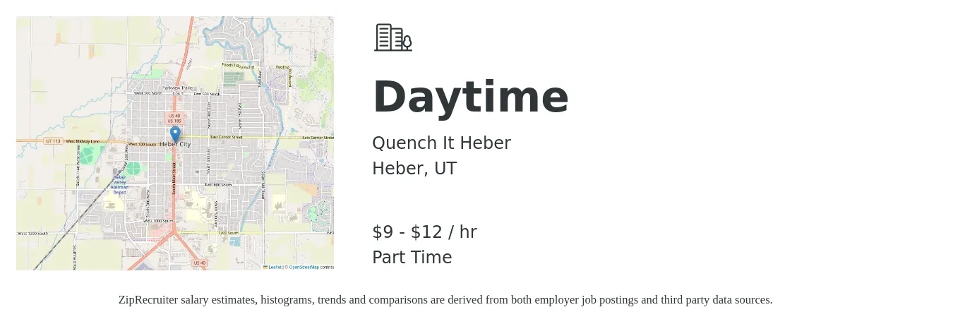 Quench It Heber job posting for a Daytime in Heber, UT with a salary of $10 to $13 Hourly with a map of Heber location.