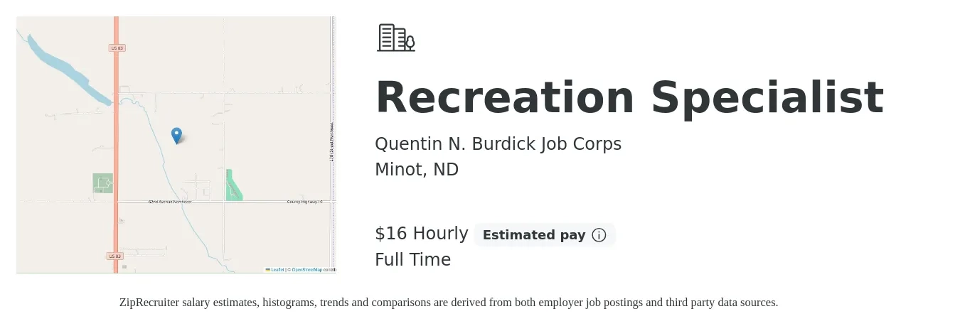 Quentin N. Burdick Job Corps job posting for a Recreation Specialist in Minot, ND with a salary of $17 Hourly with a map of Minot location.