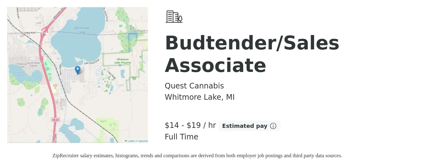 Quest Cannabis job posting for a Budtender/Sales Associate in Whitmore Lake, MI with a salary of $15 to $20 Hourly with a map of Whitmore Lake location.