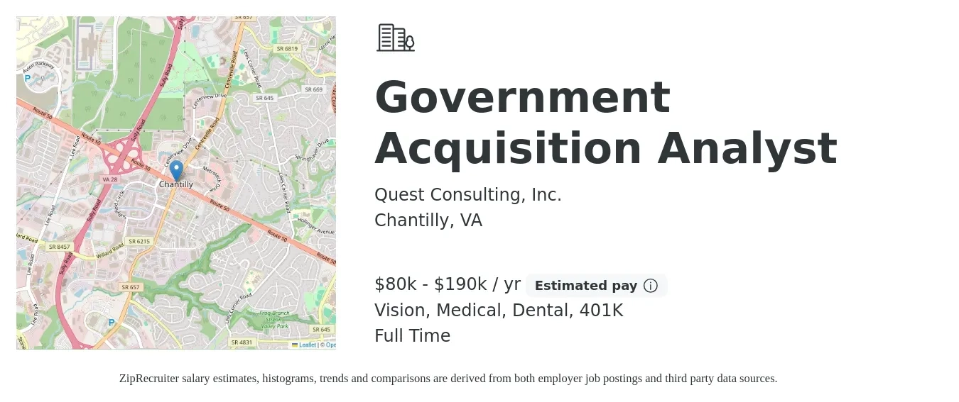 Quest Consulting, Inc. job posting for a Government Acquisition Analyst in Chantilly, VA with a salary of $80,000 to $190,000 Yearly and benefits including vision, 401k, dental, and medical with a map of Chantilly location.