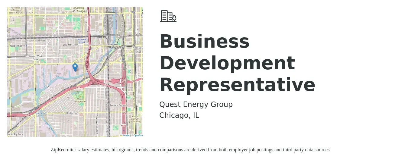 Quest Energy Group job posting for a Business Development Representative in Chicago, IL with a salary of $46,400 to $72,200 Yearly with a map of Chicago location.