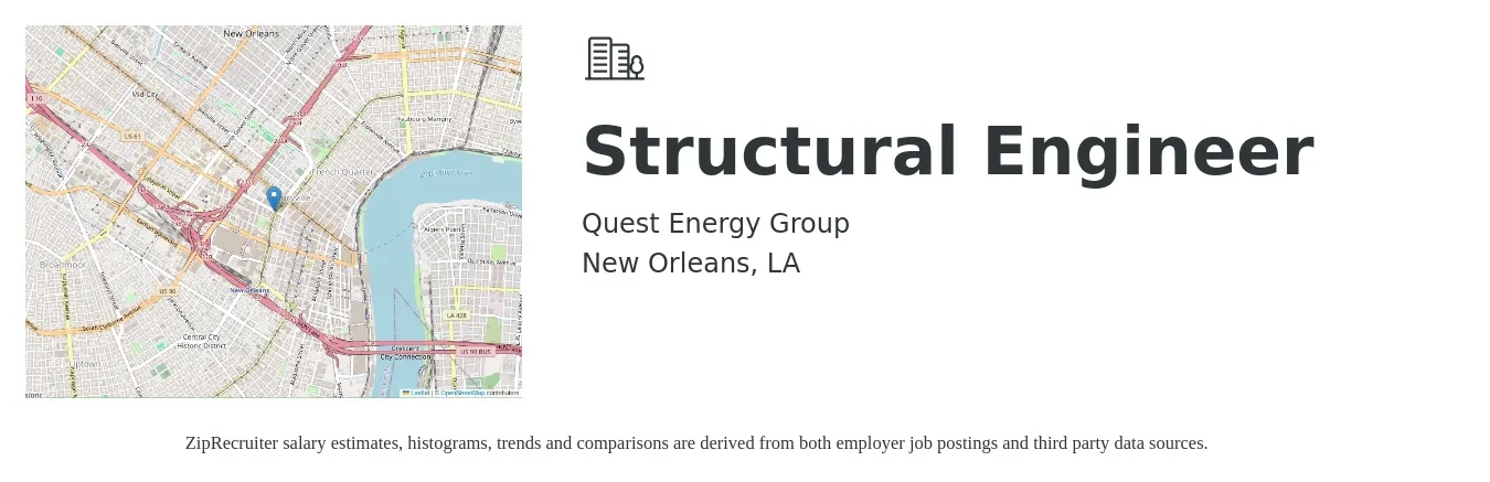 Quest Energy Group job posting for a Structural Engineer in New Orleans, LA with a salary of $73,800 to $104,200 Yearly with a map of New Orleans location.